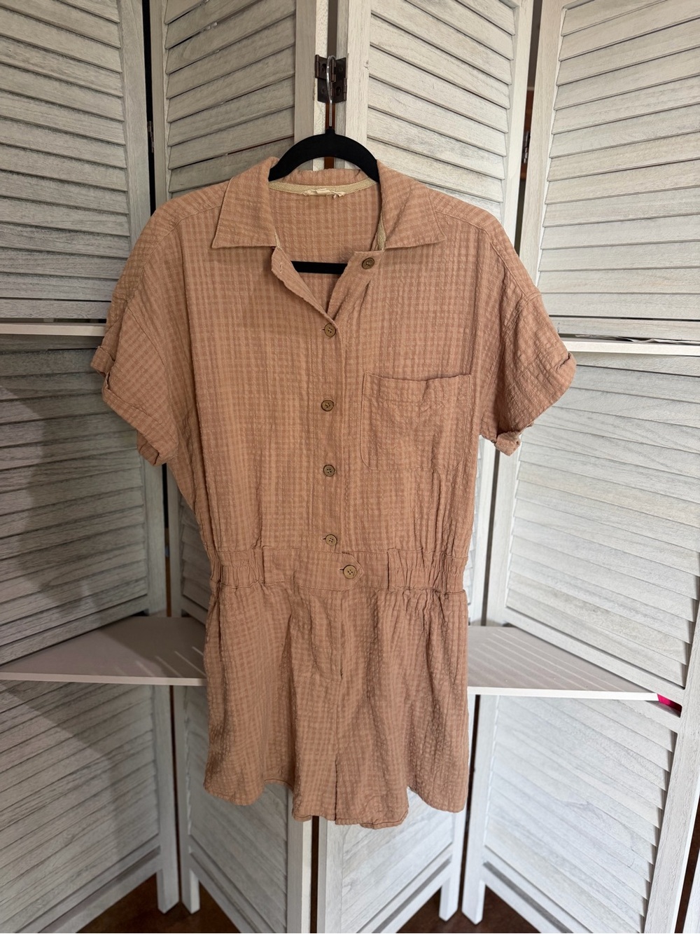 Short Sleeve Tan Crinkle Gauze Utility Romper